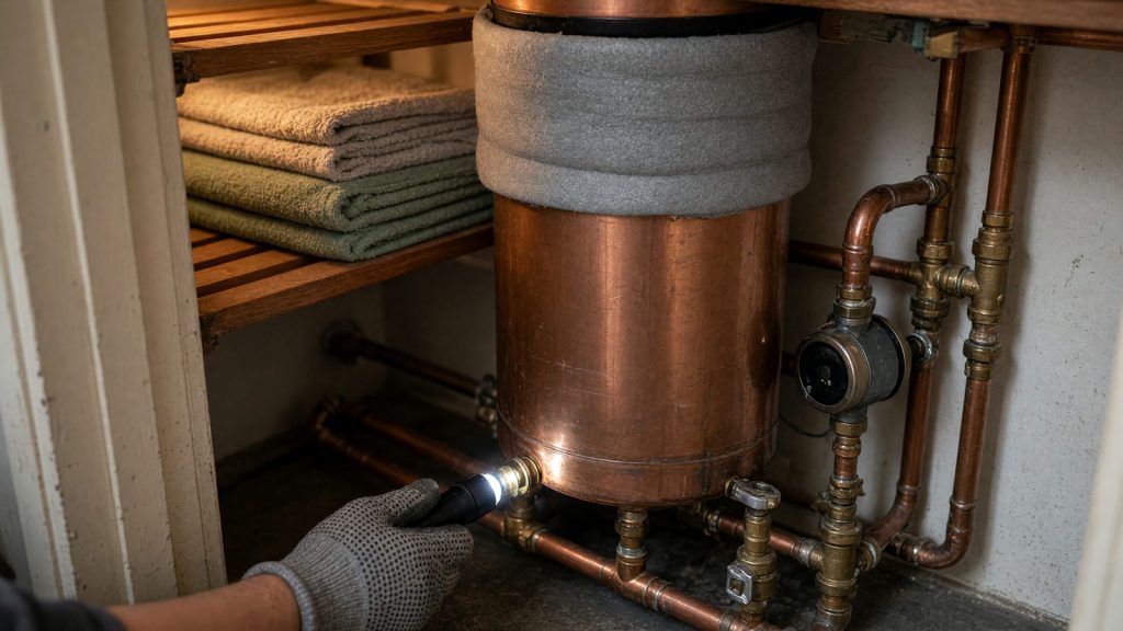 A torch lighting a pipe joint at the base of a copper hot water cylinder in an airing cupboard