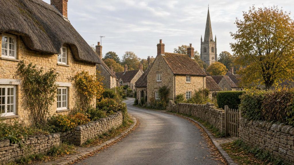 Limestone and thatched cottages along a curving village street with a church spire, typical of north Bedfordshire