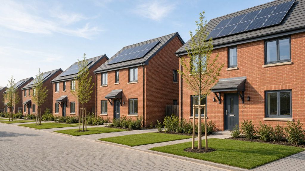 New-build red brick homes with solar panels and young trees, typical of a new Bedfordshire estate