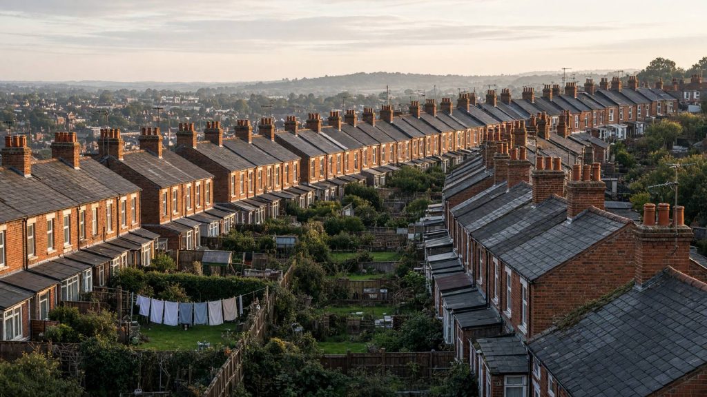 Rows of red brick terraced houses with slate roofs and chimneys climbing a hillside, typical of a Bedfordshire town