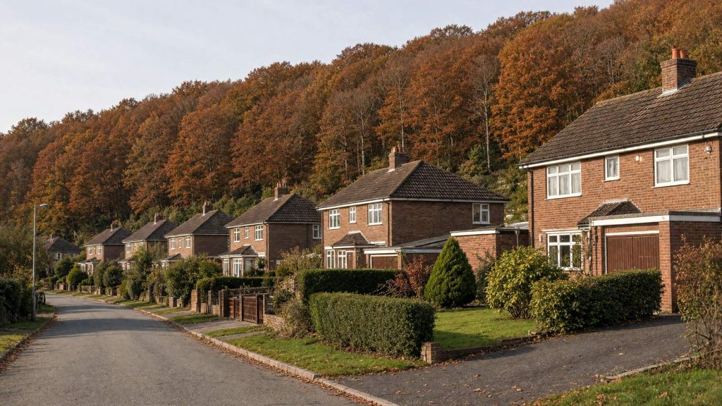 Detached brick homes on a hillside road with autumn beech woods behind, typical of the Chilterns in Buckinghamshire