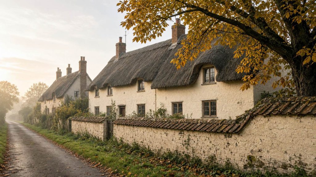Cream rendered thatched cottages behind an old garden wall on a misty autumn morning, typical of a Buckinghamshire village