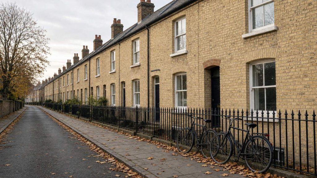 Pale gault brick Victorian terraced houses with bicycles at the railings, typical of Cambridge