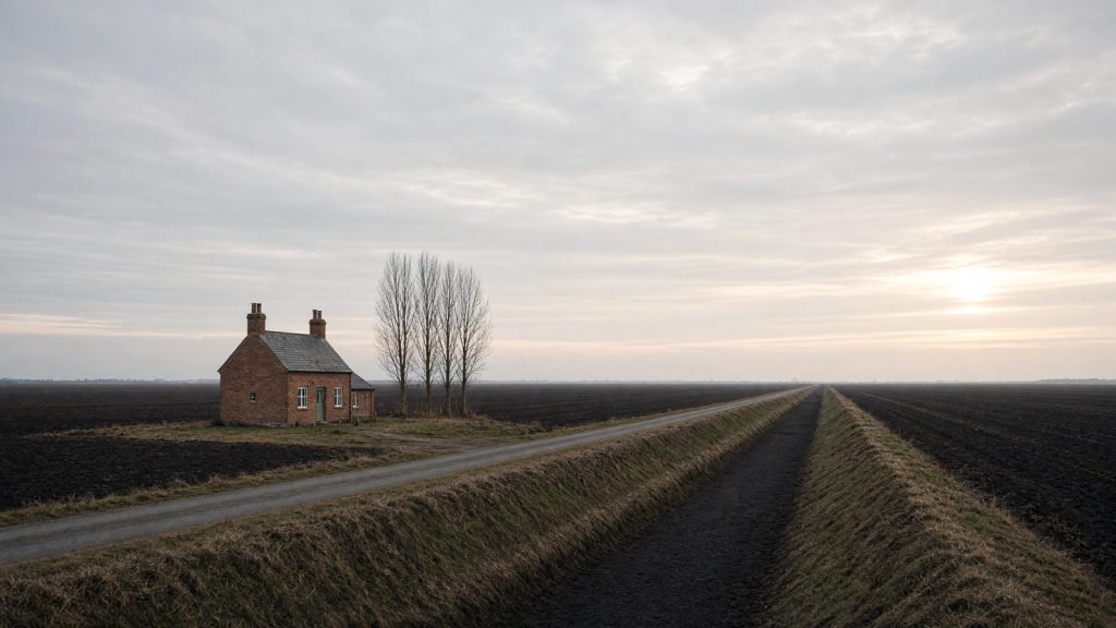 A lone brick house beside a straight drainage channel on flat black fields, typical of the Cambridgeshire fens