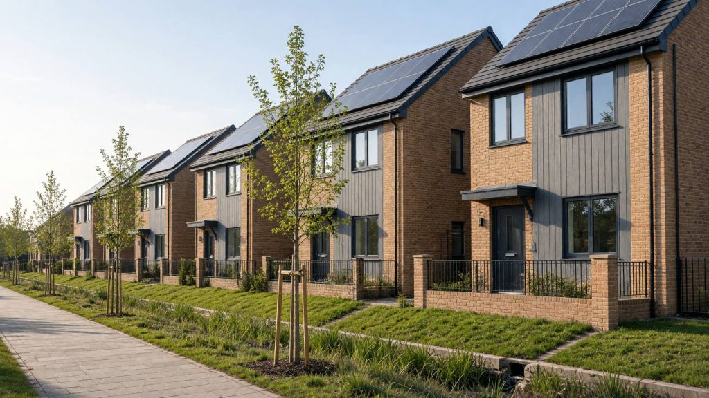 New-build brick and timber-clad townhouses with solar panels and young street trees, typical of a Cambridgeshire estate