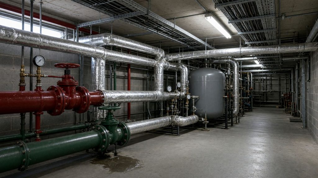 Large painted and insulated pipework, valves and a pressure vessel in a commercial plant room