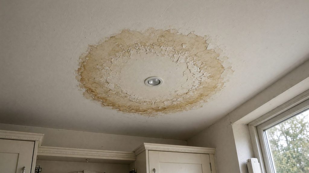 A spreading brown water stain on a kitchen ceiling around a spotlight, below a bathroom