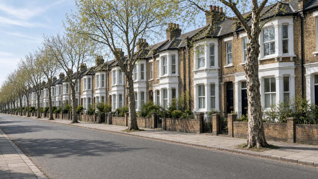 A long street of Victorian bay-fronted terraced houses with plane trees, typical of east London