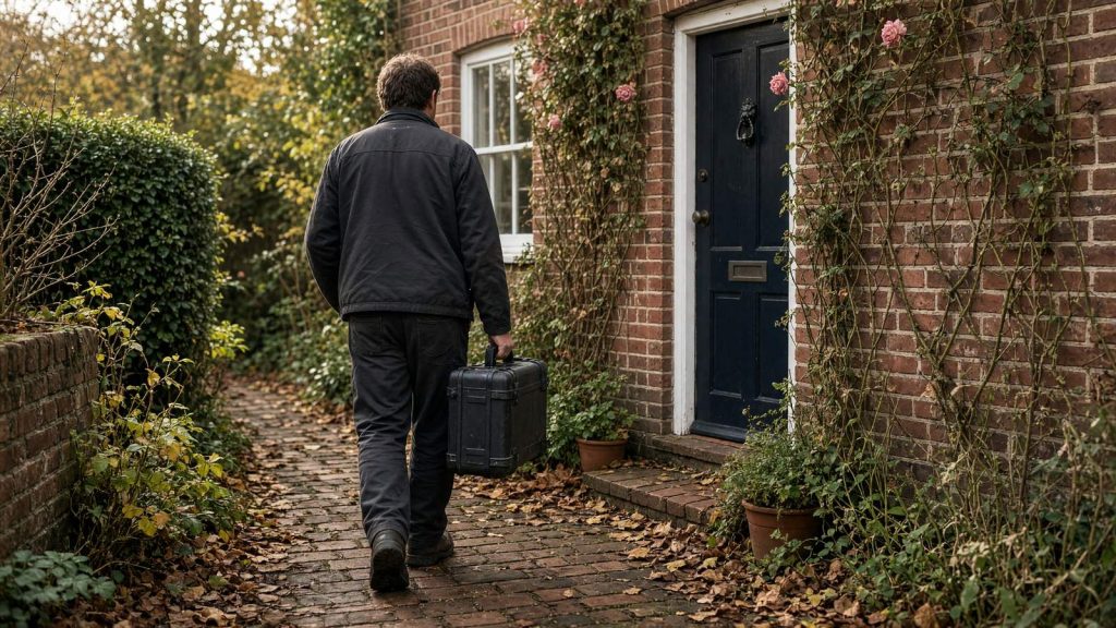 An engineer carrying an equipment case up a garden path to a cottage front door