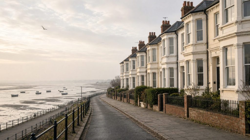 Victorian bay-fronted houses on a hillside road above an estuary, typical of an Essex seaside town
