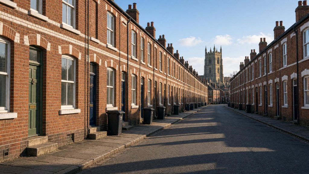 A narrow street of Victorian red brick terraced houses with a church tower at the end, typical of an Essex town