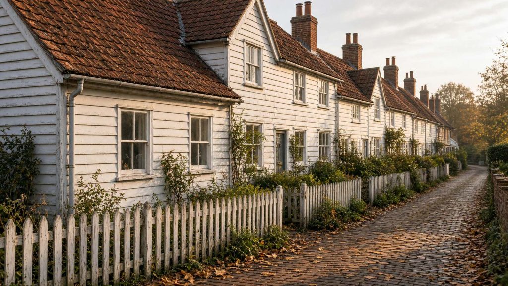White weatherboarded cottages with picket fences along a village street, typical of Essex