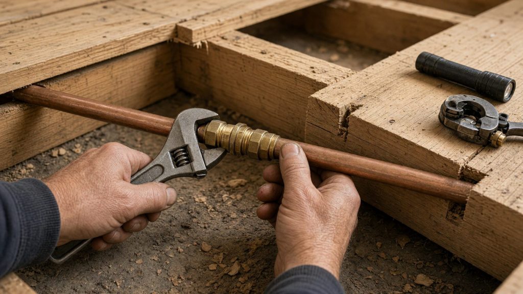 Hands tightening a new joint on a copper pipe in the void under lifted floorboards