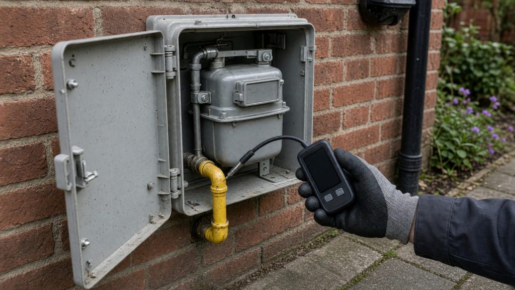 A handheld gas detector probe held to the outlet pipe of an open gas meter box on a house wall