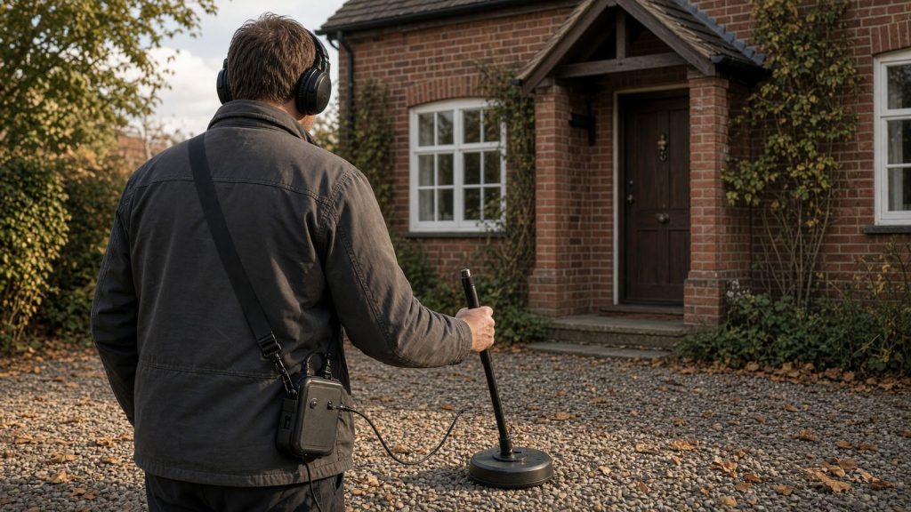 An engineer listening through headphones with a ground microphone on a gravel driveway outside a house