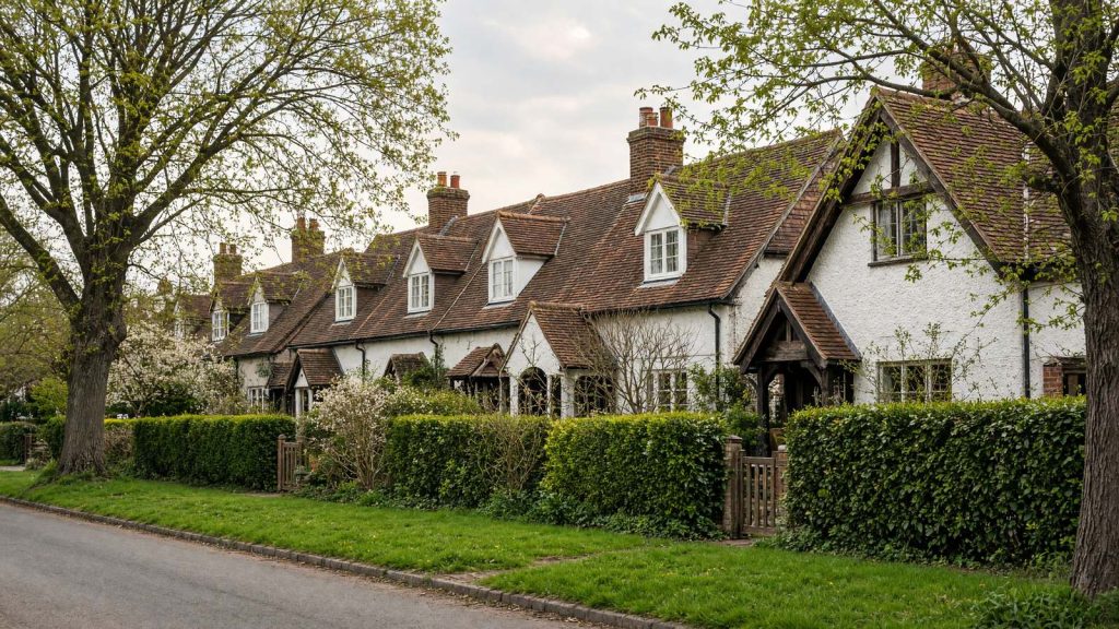 White rendered Arts and Crafts cottages behind hedges and wide grass verges, typical of a Hertfordshire garden city