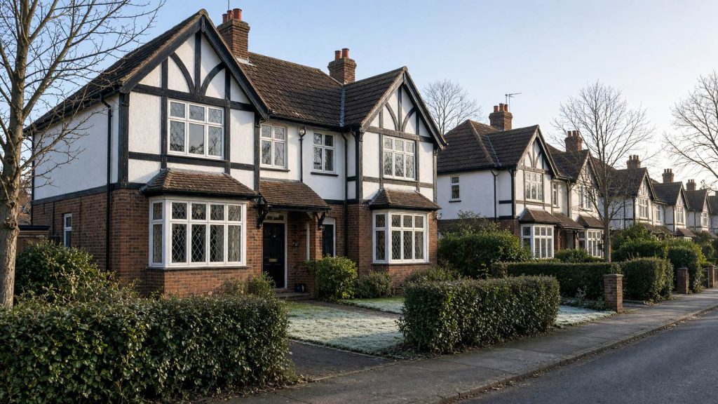 1930s mock Tudor semi-detached houses with hedged front gardens on a frosty morning, typical of a Hertfordshire commuter town