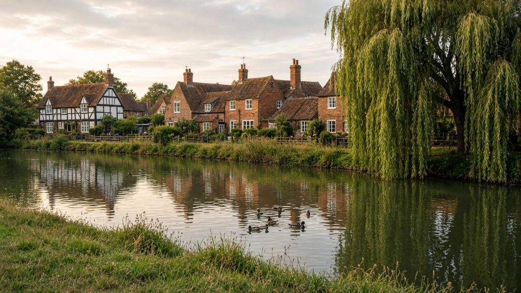 Timber-framed and brick cottages beside a village pond with a willow tree, typical of a Hertfordshire village