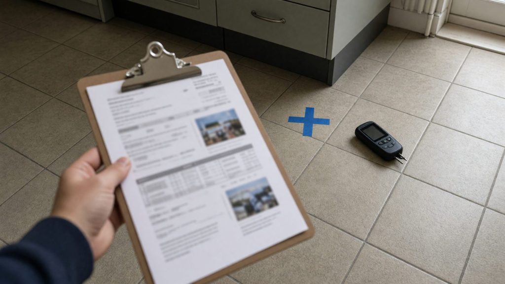 A leak detection report on a clipboard above a tiled floor where the leak position is marked with tape