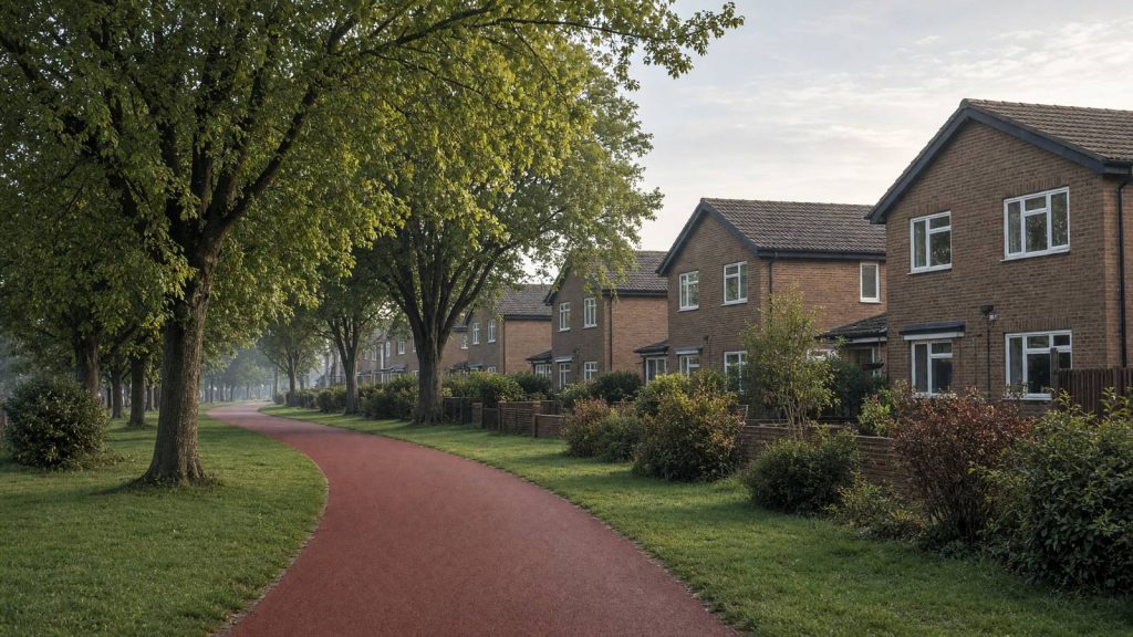 Brick estate houses beside a tree-lined red cycle path, typical of Milton Keynes
