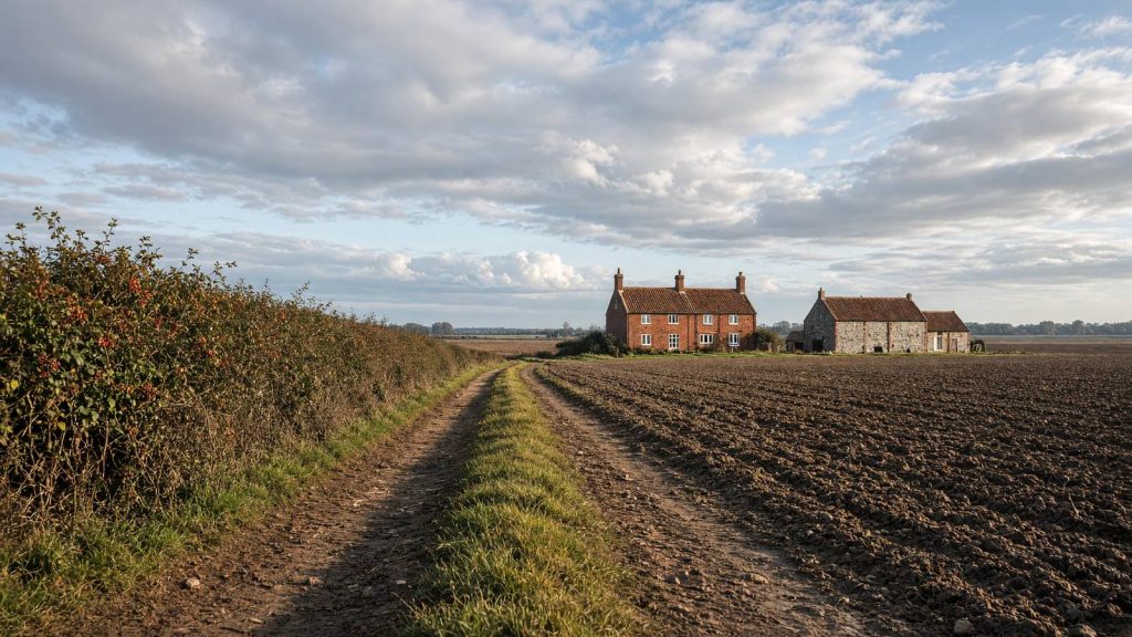 A farm track leading across ploughed fields to a red brick farmhouse under a wide sky, typical of rural Norfolk