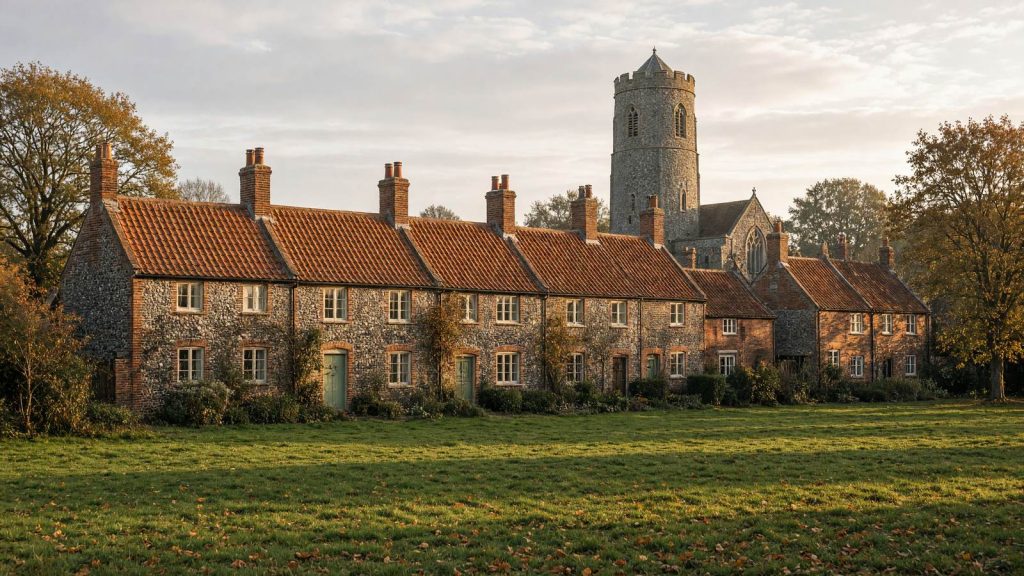 Flint and red brick cottages with pantile roofs facing a village green, with a round-towered church behind, typical of a Norfolk village