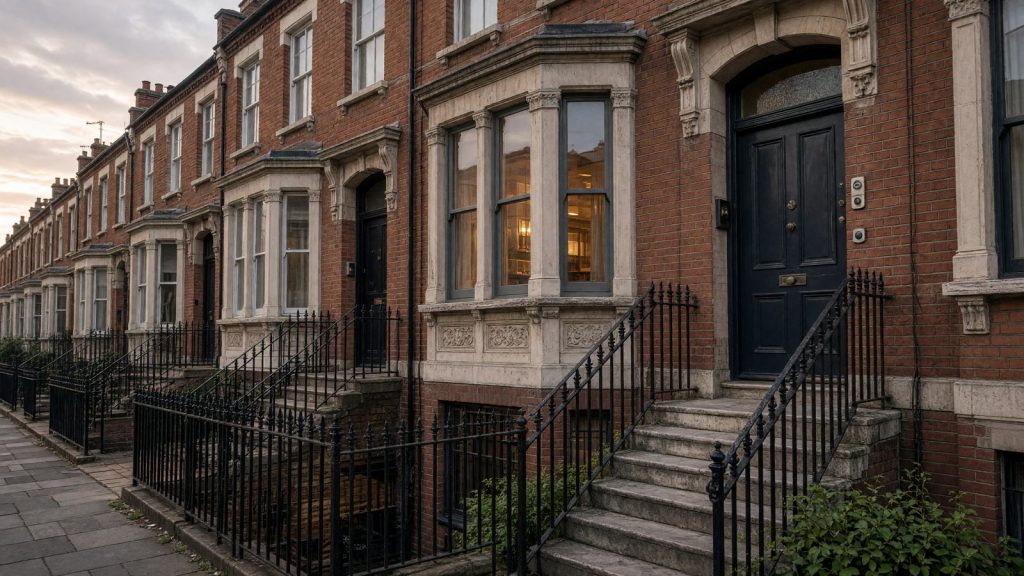Edwardian terraced houses with stone front steps, railings and basement lightwells, typical of north London