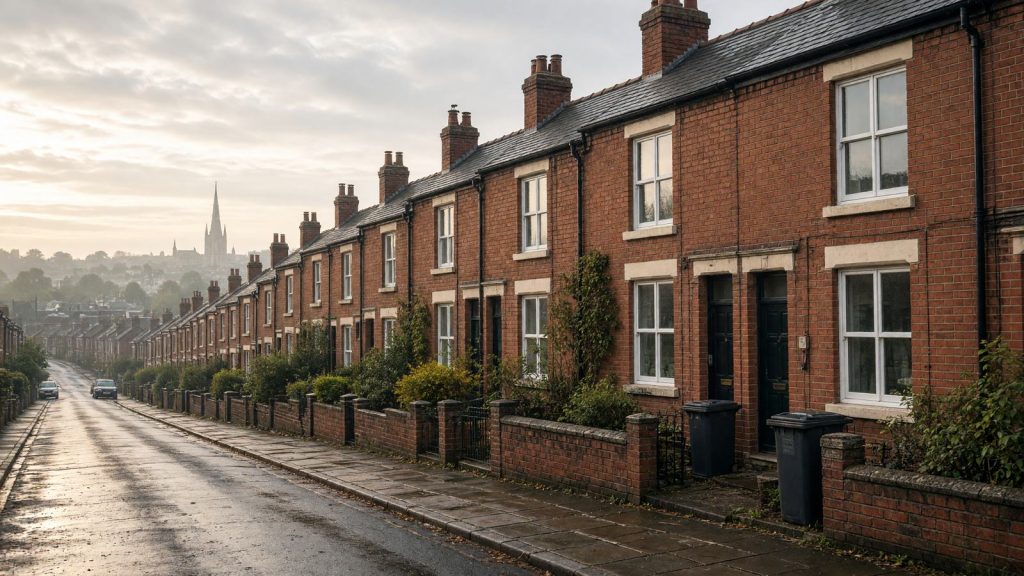 Victorian red brick terraced houses on a sloping street, typical of Norwich