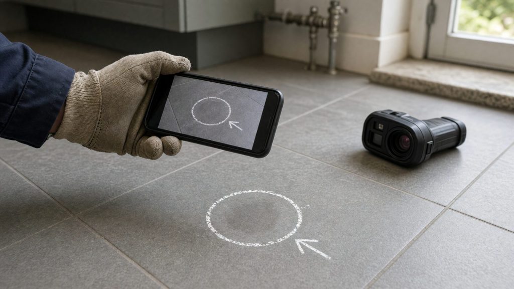 An engineer photographing a chalk-marked leak spot on a tiled floor with a phone
