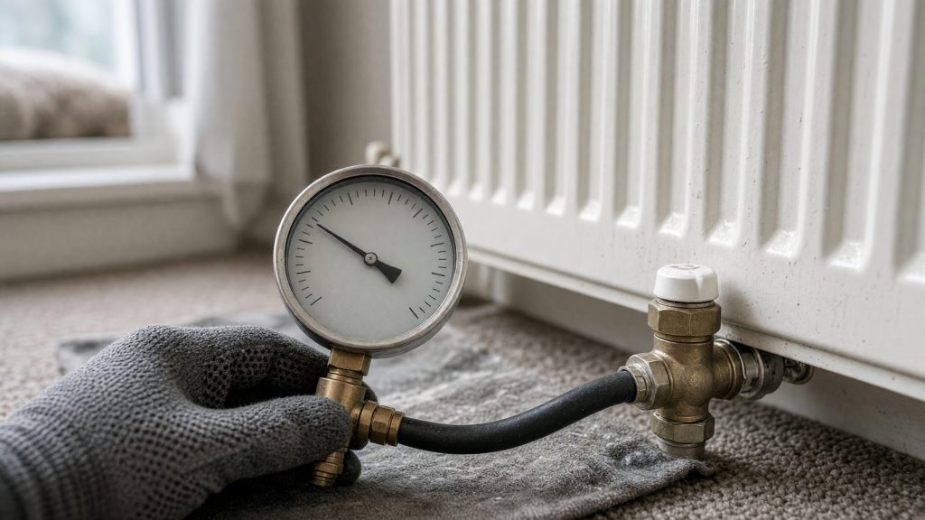A pressure test gauge connected by a hose to a radiator valve to check a central heating system