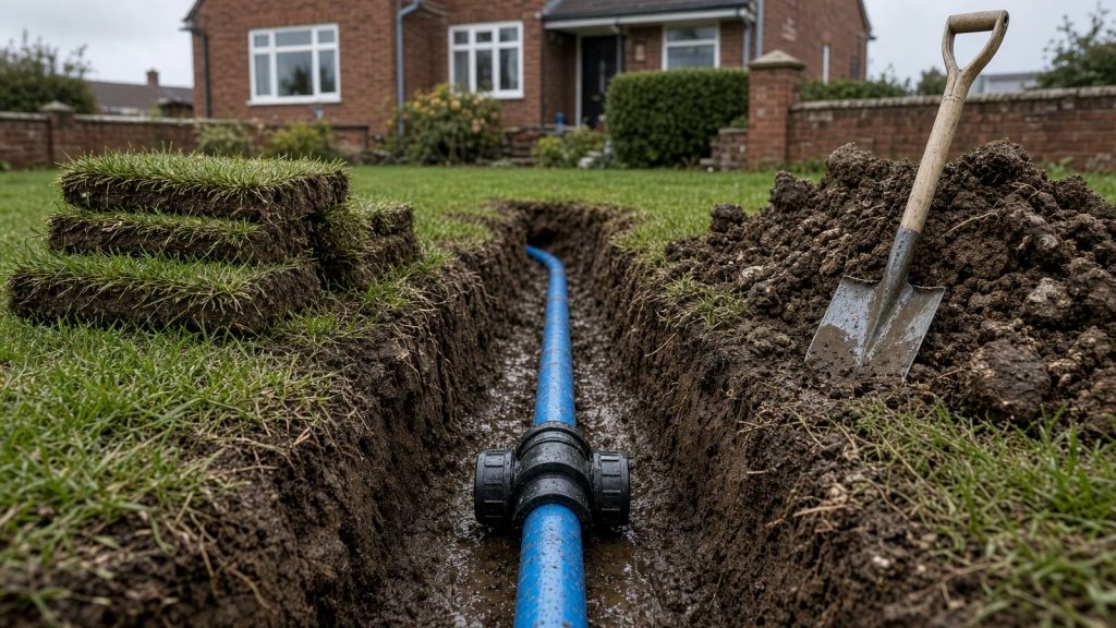 A repaired blue water supply pipe in a trench across a front lawn, with the turf stacked beside it
