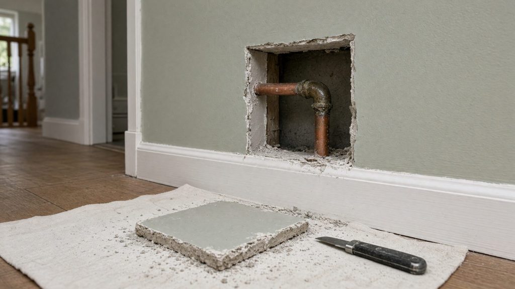 A small, neat access hole cut in a hallway wall above the skirting, showing a copper pipe joint