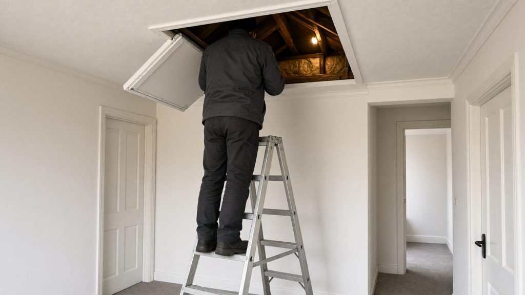 An engineer on a stepladder checking pipework through an open loft hatch