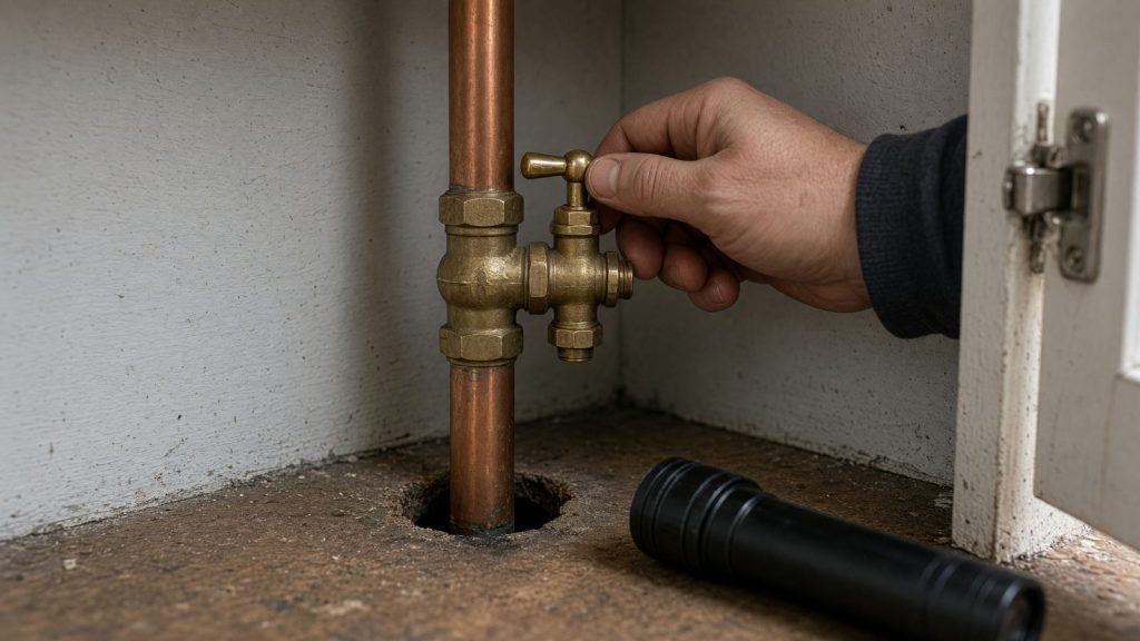 A hand turning a brass stop tap on a copper water pipe inside a kitchen cupboard