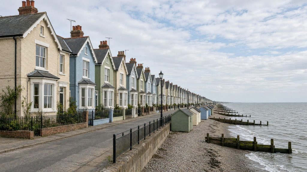 Painted Victorian houses on a seafront road above a shingle beach, typical of the Suffolk coast