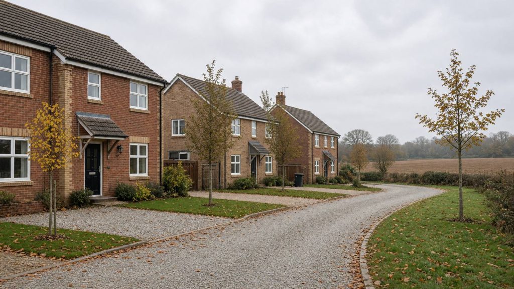 Brick family homes with gravel drives in a cul-de-sac on the edge of a market town, typical of Suffolk