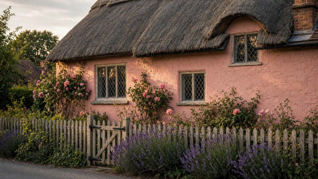 A pink colour-washed thatched cottage with a picket fence and cottage garden, typical of a Suffolk village
