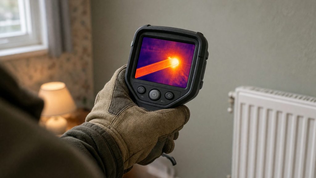 A thermal imaging camera showing the warm line of a heating pipe inside a living room wall beside a radiator
