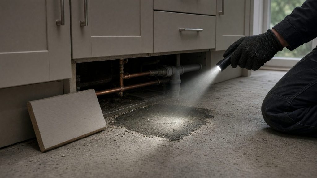 Looking under kitchen units with a torch after removing the plinth, showing pipework and a damp patch