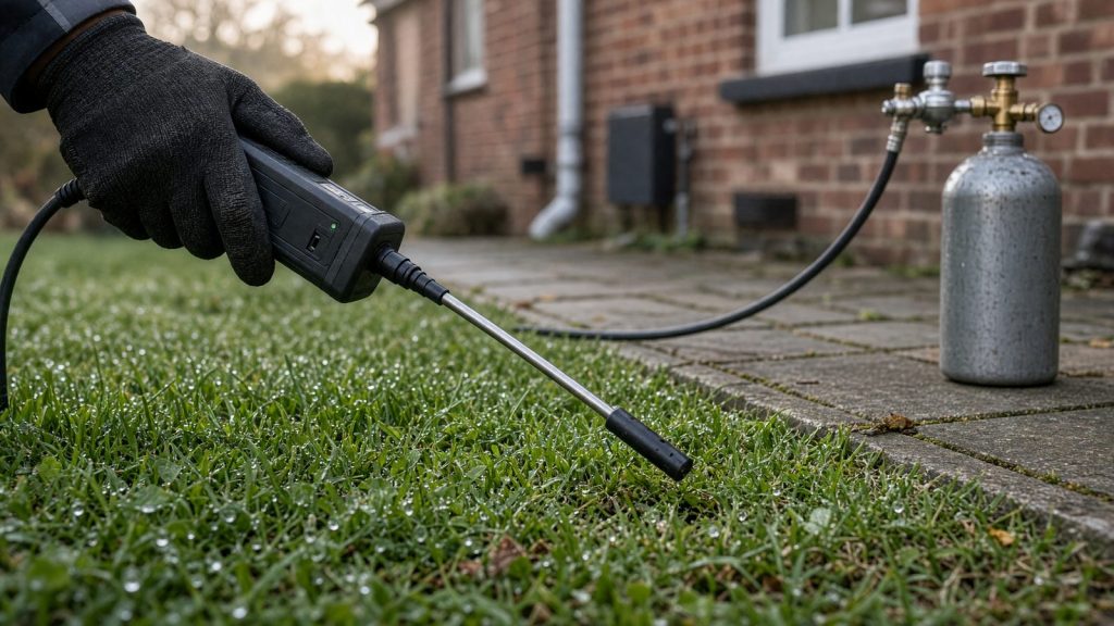 A tracer gas detector probe passed over a front lawn, with the gas cylinder on the path beside it