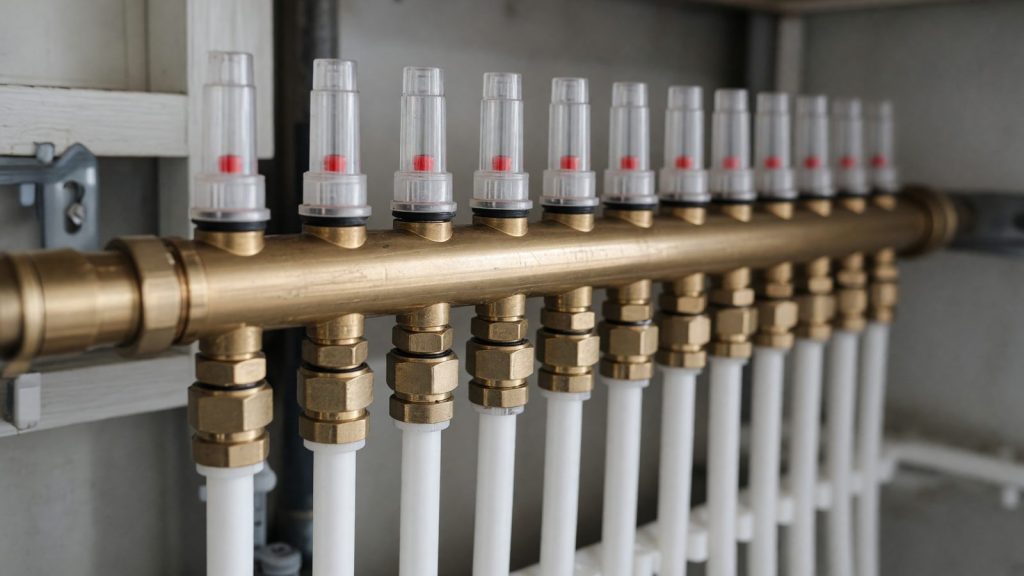 Flow meters on the brass rail of an underfloor heating manifold, with pipes running down to the floor