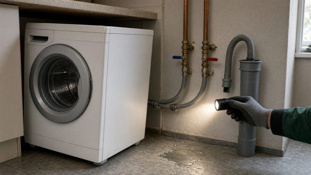 Checking the supply valves and hoses behind a washing machine in a utility room with a torch