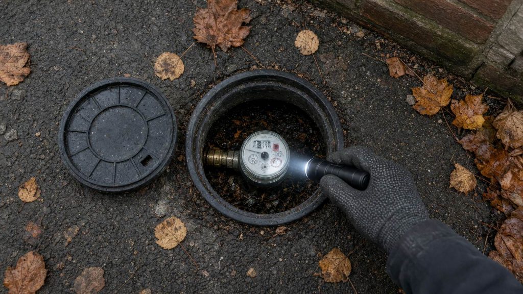 A water meter in a round boundary box in the pavement, seen from above with the lid lifted and a torch shining in